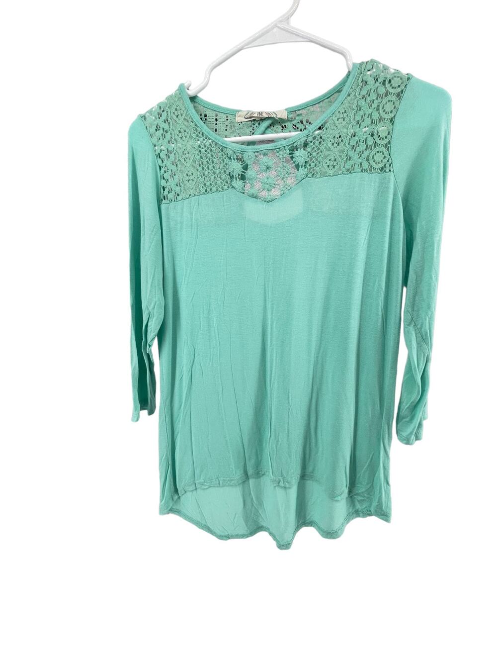 Pink Rose Blue Lace Yoke Long Sleeve Blouse Women's Size Medium